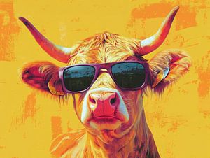 Stilvoller schottischer Highlander mit Sonnenbrille vor einem sonnigen orangefarbenen Hintergrund