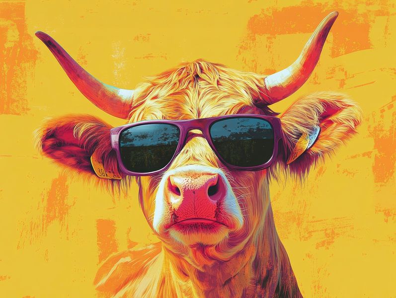Stylish Scottish highlander with sunglasses against a sunny orange background by Digitale Schilderijen