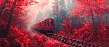 Rode trein in het mistige bos van Poster Art Shop