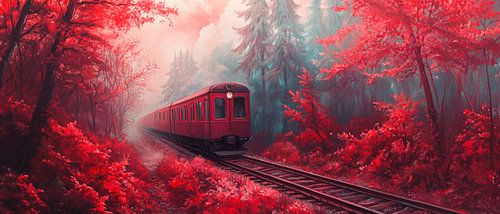 Rode trein in het mistige bos