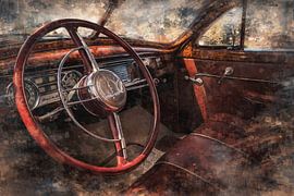 Abstracte stedelijke meerlaagse compositie met opgeloste ruimte en focus op oldtimers