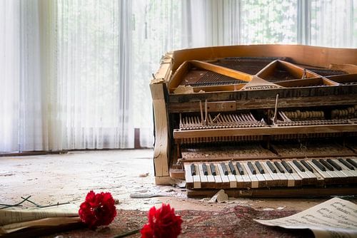 Piano abandonné avec des fleurs.