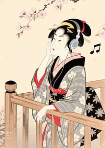 Ukiyo-e Humorvolles Poster - Geisha mit Kopfhörer Moderne Kontrast Kunst