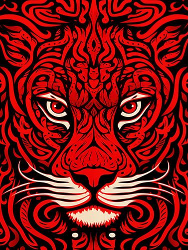 Afrikaanse stammenkunst met gestileerde rode leeuwenkop
