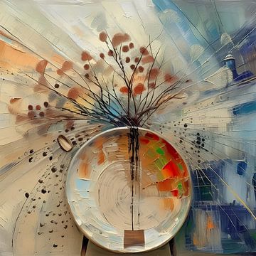 Abstract kleurrijk stilleven - Vaas met takjes - Wabi-Sabi stijl van Studio Pieternel