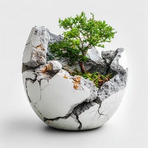 Grüner Mini-Baum in einer Vase aus Bruchstein