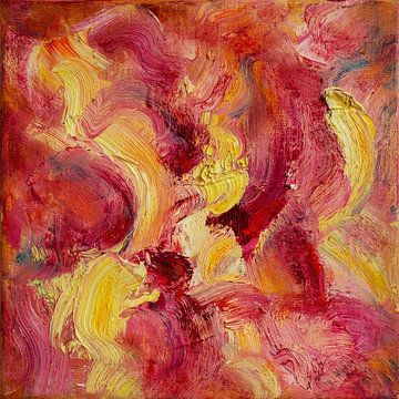 Abstract olieverf schilderij, rood, roze, geel, oranje. van Joriali Abstract