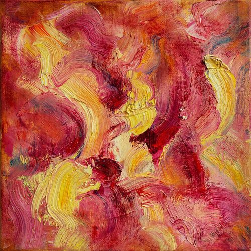 Abstract olieverf schilderij, rood, roze, geel, oranje.