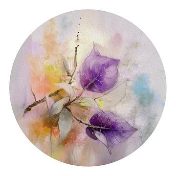 Aquarel  schilderij: Paarse Bougainville - rond- wit van Studio Pieternel