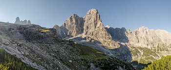 Panorama with the rocky mountains of the Brenta Dolomites at Rifugio Brentei