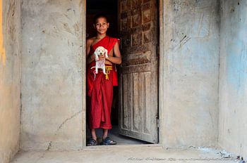 "Cambodian monk novice with puppy dog"