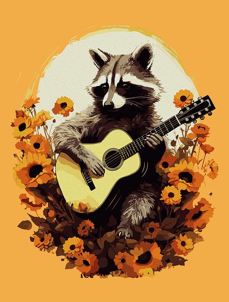 Waschbär-Gitarren-Ständchen in Sonnenblumen von Ramy Salah Hefny