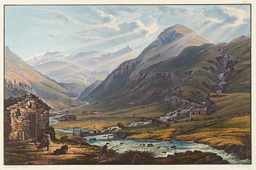 Gezicht op de samenvloeiing van de twee bronnen van de Rijn, die van de Badusberg en de Crispaltberg, genomen nabij Chiamut, Johann Ludwig Bleuler