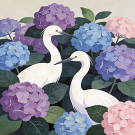 Kraniche im Garten von FRESH Fine Art