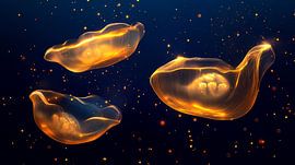 Three golden jellyfish with glitter in a dark ocean by New Visuals