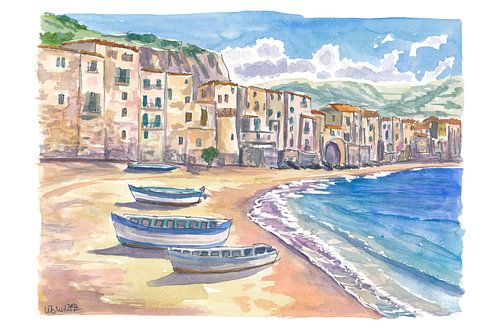 Cefalù Sicile Peinture côtière avec vue sur la vieille ville et la plage