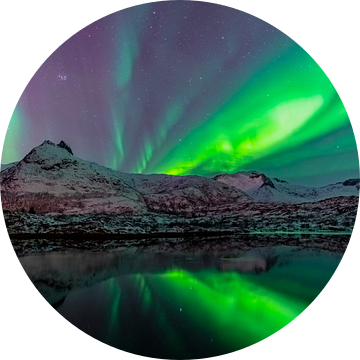 Noorderlicht of Aurora Borealis over een meer met besneeuwde bergen van Sjoerd van der Wal Fotografie