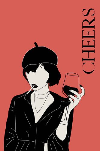 Cheers Poster in Frambozenrood – Moderne Bar Kunst – Minimalistische Illustratie – Stijlvolle Wanddecoratie voor de Thuisbar of Woonkamer