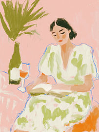 Woman Reading on a Palm Terrace – Pastel Portrait Art by StudioRemier