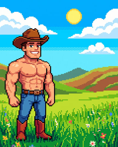 Fröhlicher Cowboy im Pixel-Art-Stil in einer sonnigen Landschaft