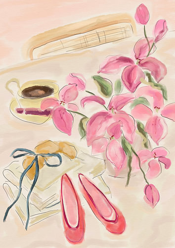 Stillleben-Aquarellillustration mit Ballerinas