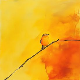 Roodborst vogel op een tak acryl geel van TheXclusive Art