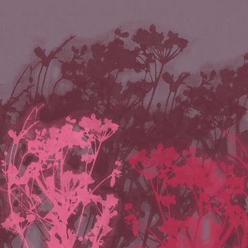Wilde bloemen in neonroze, warm paars en bruin op taupe. van Dina Dankers