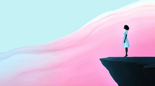 Vrouw op klif voor roze landschap