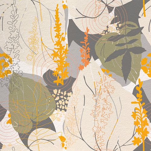 Fleurs dans un style rétro. Art botanique abstrait moderne en jaune, vert et beige.