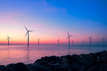 Wind turbines in an offshore wind park producing electricity