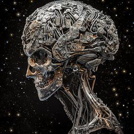 Fijn gedetailleerde cybernetische schedel sculptuur van Luc de Zeeuw