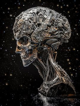 Fijn gedetailleerde cybernetische schedel sculptuur van Luc de Zeeuw