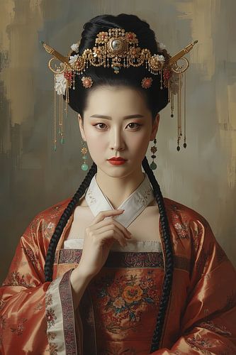 Originele Chinese vrouw in traditionele kleding en juwelen uit de 18de eeuw.