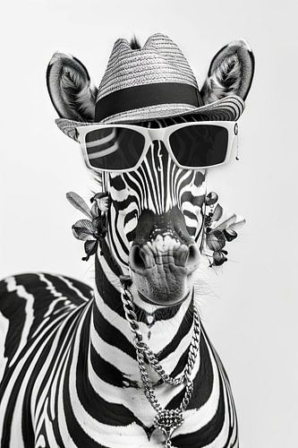 Zebra met hoed en zonnebril in zwart en wit