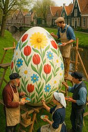 Spring Art in the Village - Un œuf plein de tulipes et de marguerites