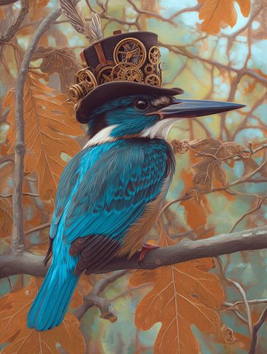 Steampunk-Eisvogel in Herbstzweigen