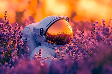 Astronaut tussen paarse lavendelbloemen van Poster Art Shop
