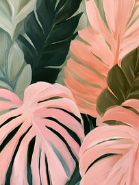 Monstera-bladeren in roze-groen