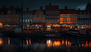 Nyhavn Copenhagen at night panorama