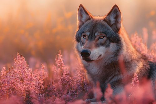 Wolf zittend tussen kleurrijke bloemen in magisch landschap