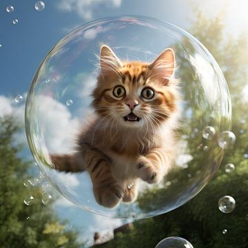 Un chat vole dans une bulle de savon sur YArt