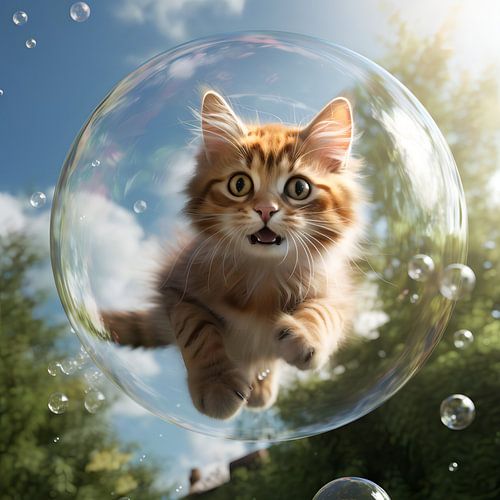 Cat flying in a soap bubble