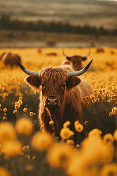 Hooglandse koeien en gele bloemen
