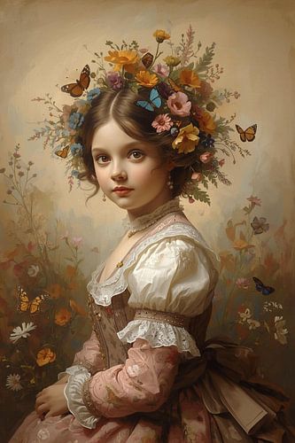 Meisje met vlinders en bloemen