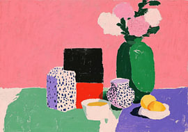 Still life with flowers in a green vase and geometric shapes on a pink background by Niklas Maximilian
