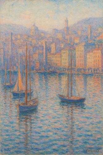 Reflecties in de oude haven van Genua – Blauw- & roze impressionistisch zeegezicht