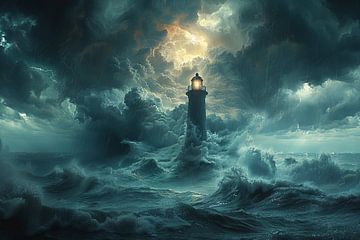 Hyperrealistischer Sturm und Leuchtturm inmitten tosender Meere von Felix Brönnimann