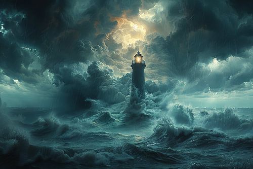 Hyper-realistic storm and lighthouse in the midst of raging seas