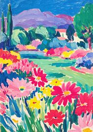 A colourful field of flowers against a mountain backdrop by Niklas Maximilian