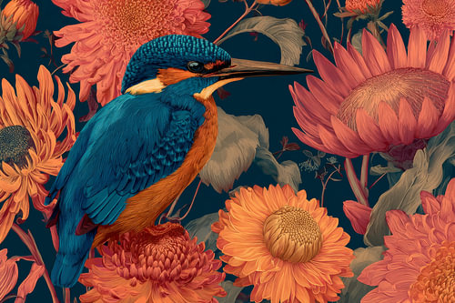 Eisvogel im warmen orangefarbenen Blumenlicht